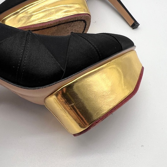 CHARLOTTE OLYMPIA Heels Womens 37 Black Gold Satin Pump Platform Ankle Strap - Picture 9 of 15
